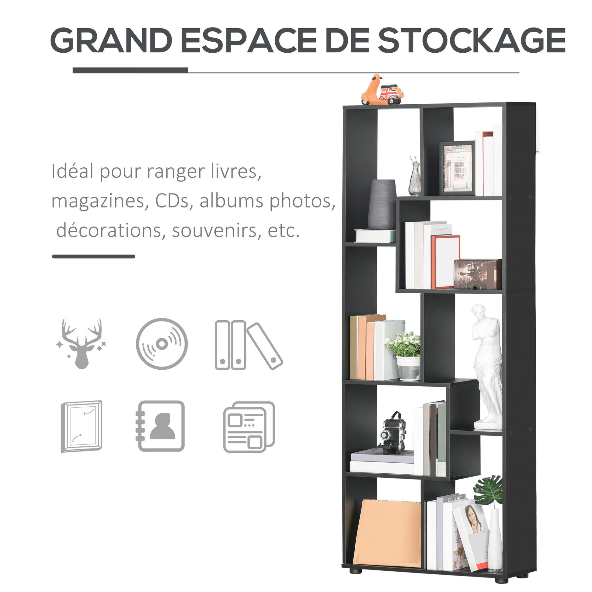 Contemporary Design Zigzag Bookcase 70L x 24W x 178H cm Particle Board Black