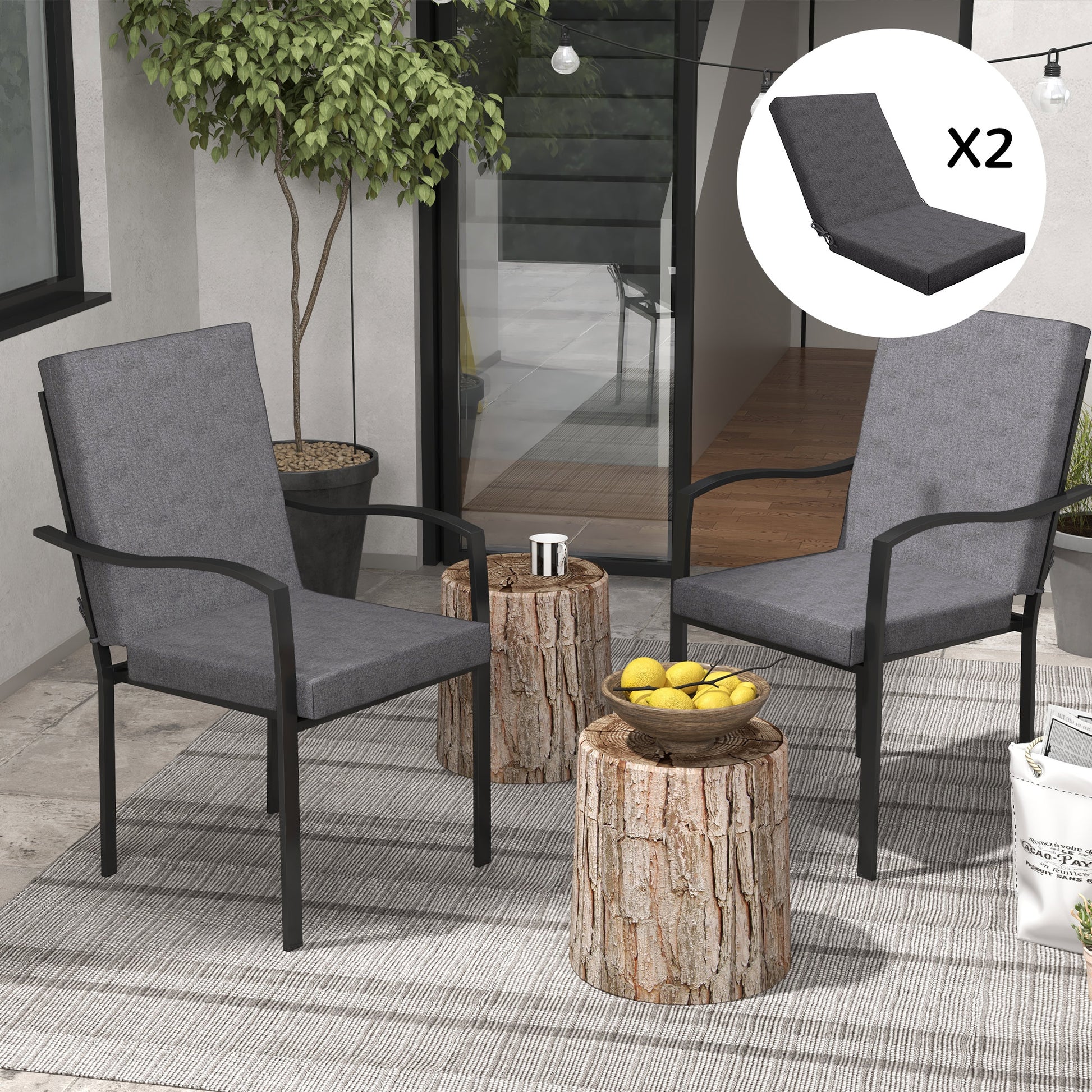 Set of 2 outdoor cushions for chair with backrest, 8 cm padding, dim. 112L x 51W cm, dark grey