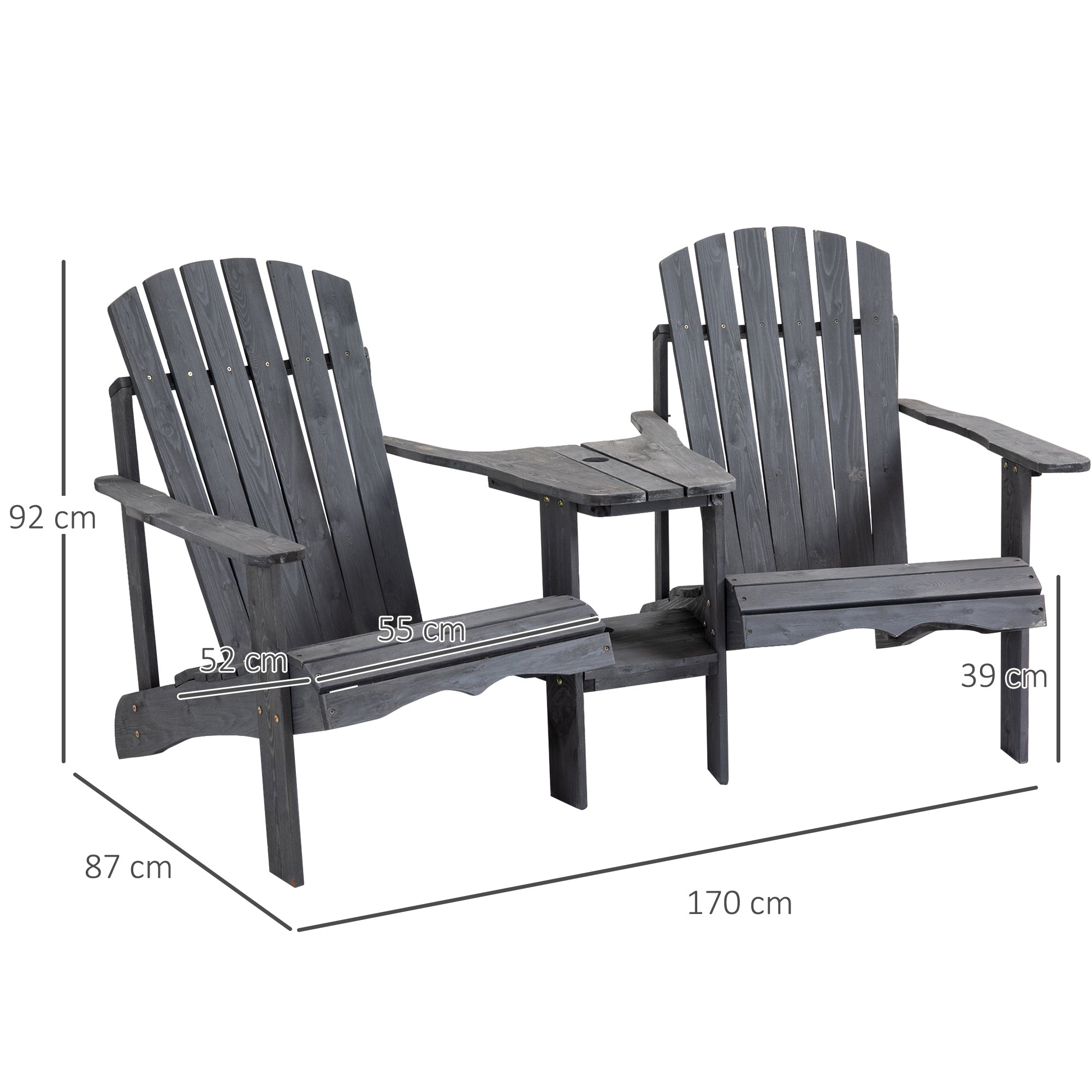 Adirondack Garden Chair with Table and Umbrella Hole 2 Seater Garden Armchair Seat group Garden Furniture for Balcony Solid Wood Dark Grey 170 x 87 x 92 cm