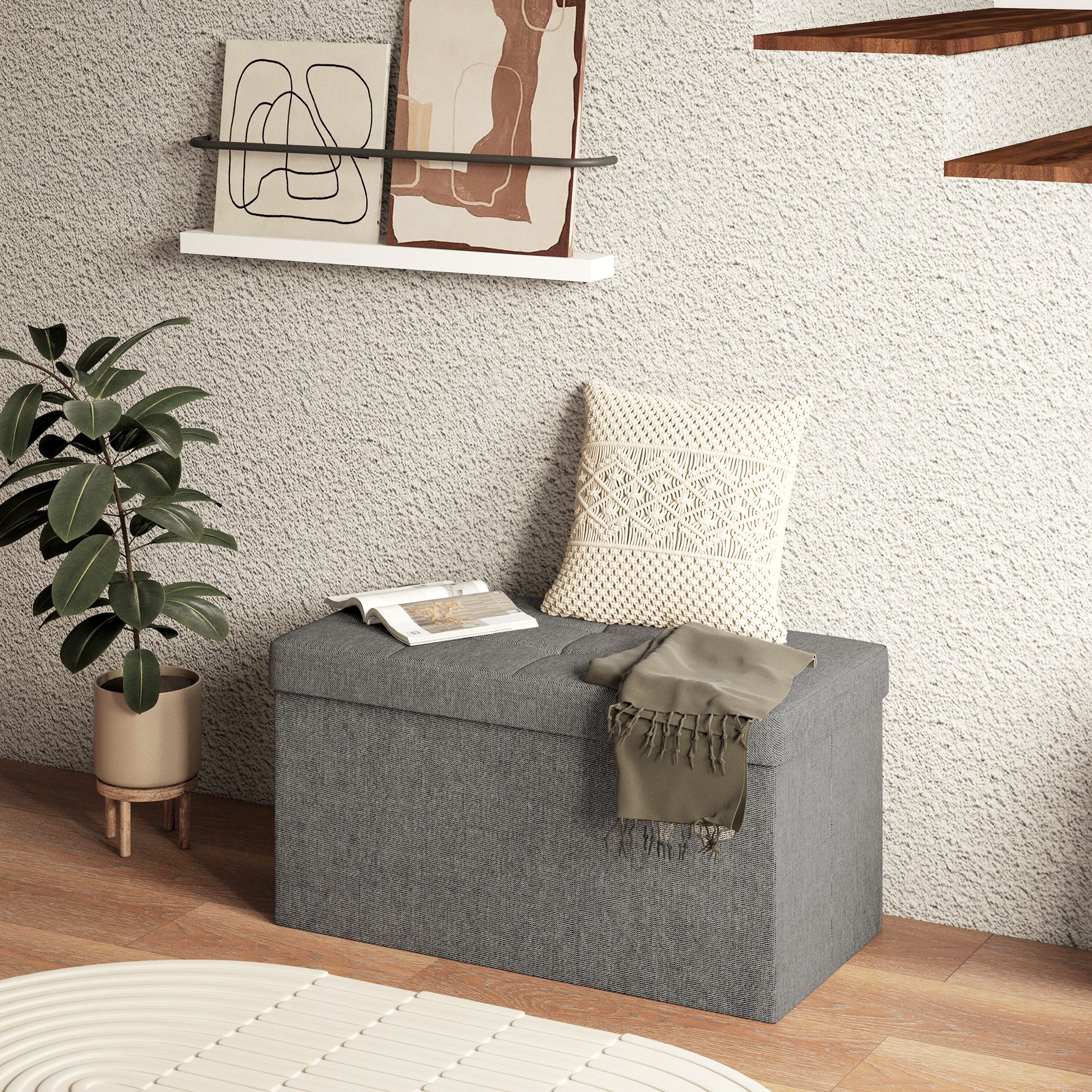 Storage Trunk for Bedroom 84L Foldable Storage Ottoman Upholstered in Synthetic Linen with Lid for Living Room 76x38x38 cm Dark Gray