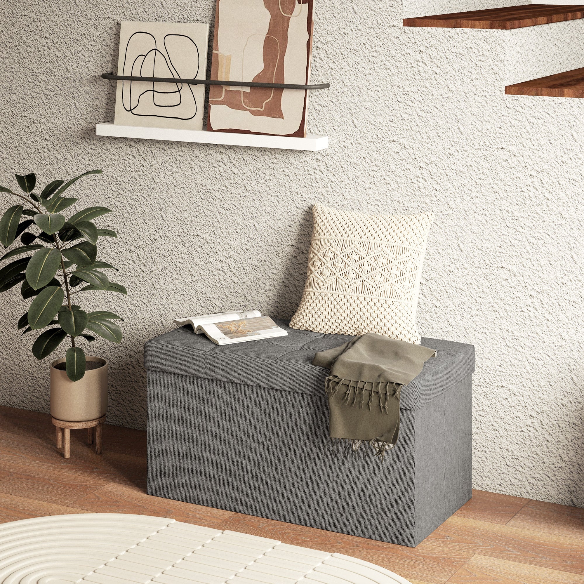 Storage Trunk for Bedroom 84L Foldable Storage Ottoman Upholstered in Synthetic Linen with Lid for Living Room 76x38x38 cm Dark Gray