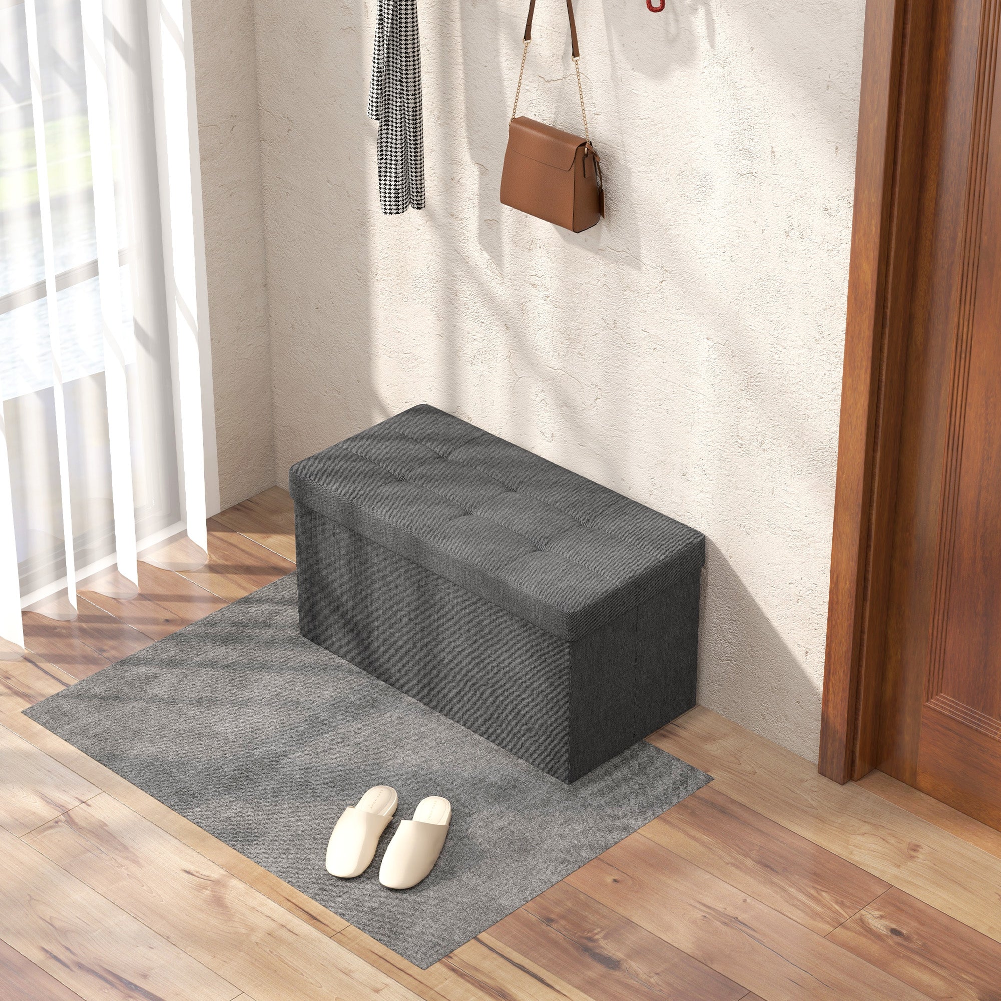 Storage Trunk for Bedroom 84L Foldable Storage Ottoman Upholstered in Synthetic Linen with Lid for Living Room 76x38x38 cm Dark Gray