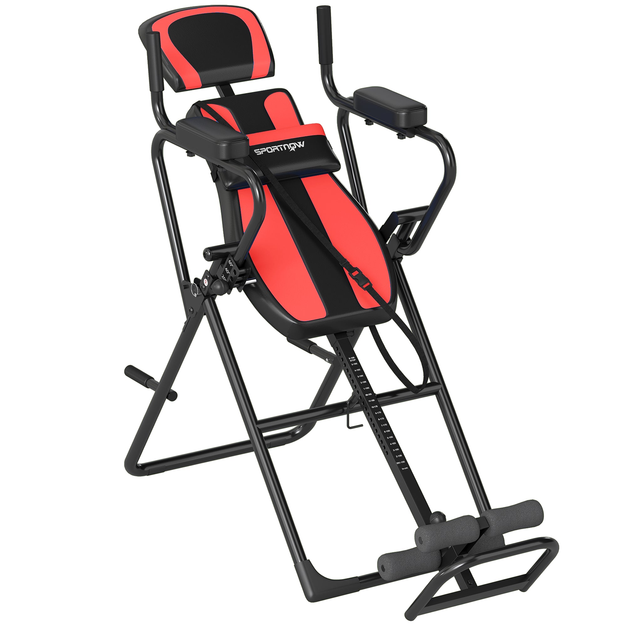 SPORTNOW 3-in-1 Foldable Inversion Table with Adjustable Headrest (61–78 in), Pull-Up & Push-Up Bars, 20°/40°/60° Angles, Lumbar Support, Ankle Lock — Red