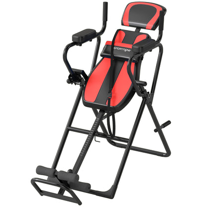 SPORTNOW 3-in-1 Foldable Inversion Table with Adjustable Headrest (61–78 in), Pull-Up & Push-Up Bars, 20°/40°/60° Angles, Lumbar Support, Ankle Lock — Red