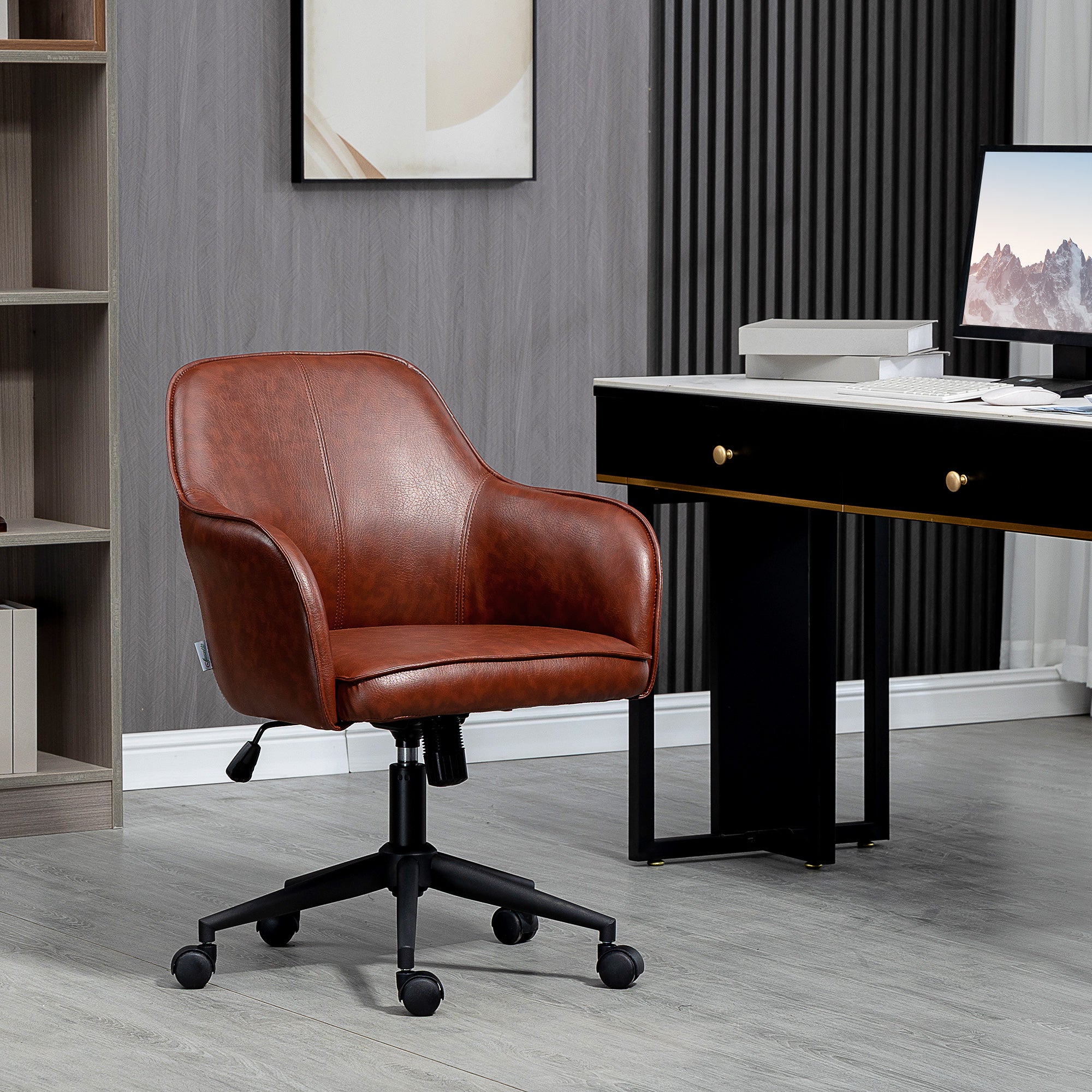 Office Chair with Tilt Function, Casters, Faux Leather Desk Chair, 83-91 cm Height Adjustable Swivel Chair for Living Room, Up to 120 kg Load Capacity, Brown