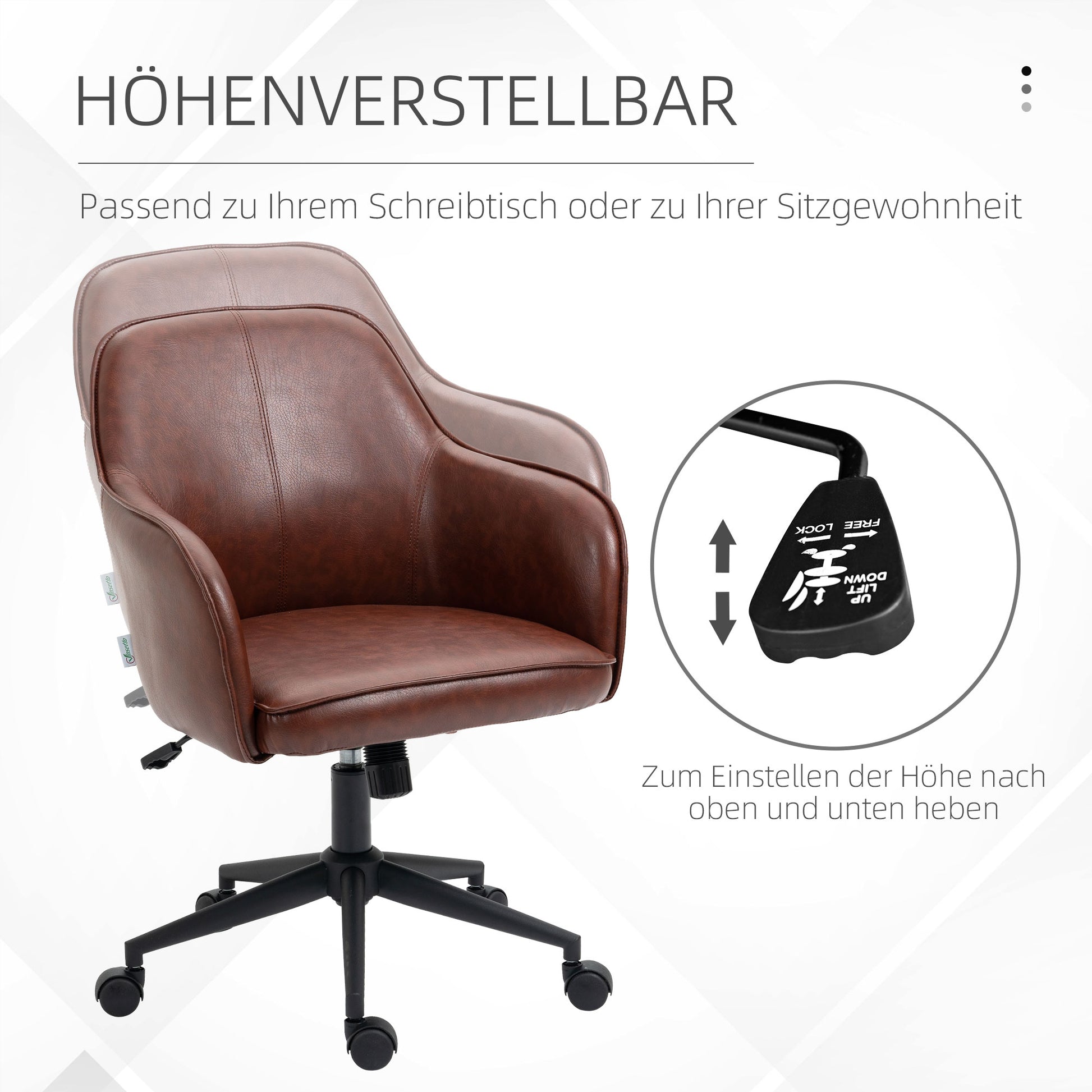 Office Chair with Tilt Function, Casters, Faux Leather Desk Chair, 83-91 cm Height Adjustable Swivel Chair for Living Room, Up to 120 kg Load Capacity, Brown