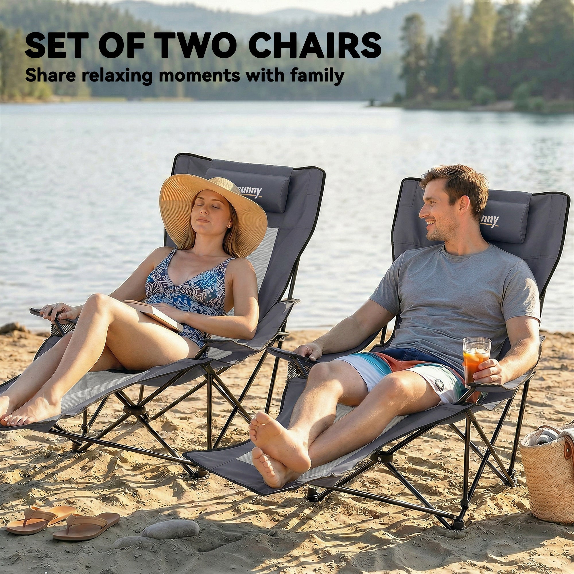 2-Pack Folding Camping Chairs, Adjustable Backrest, Footrest, Cup Holder & Headrest, Garden & Beach Chairs for Adults, Folding Recliners, Up to 265 lb
