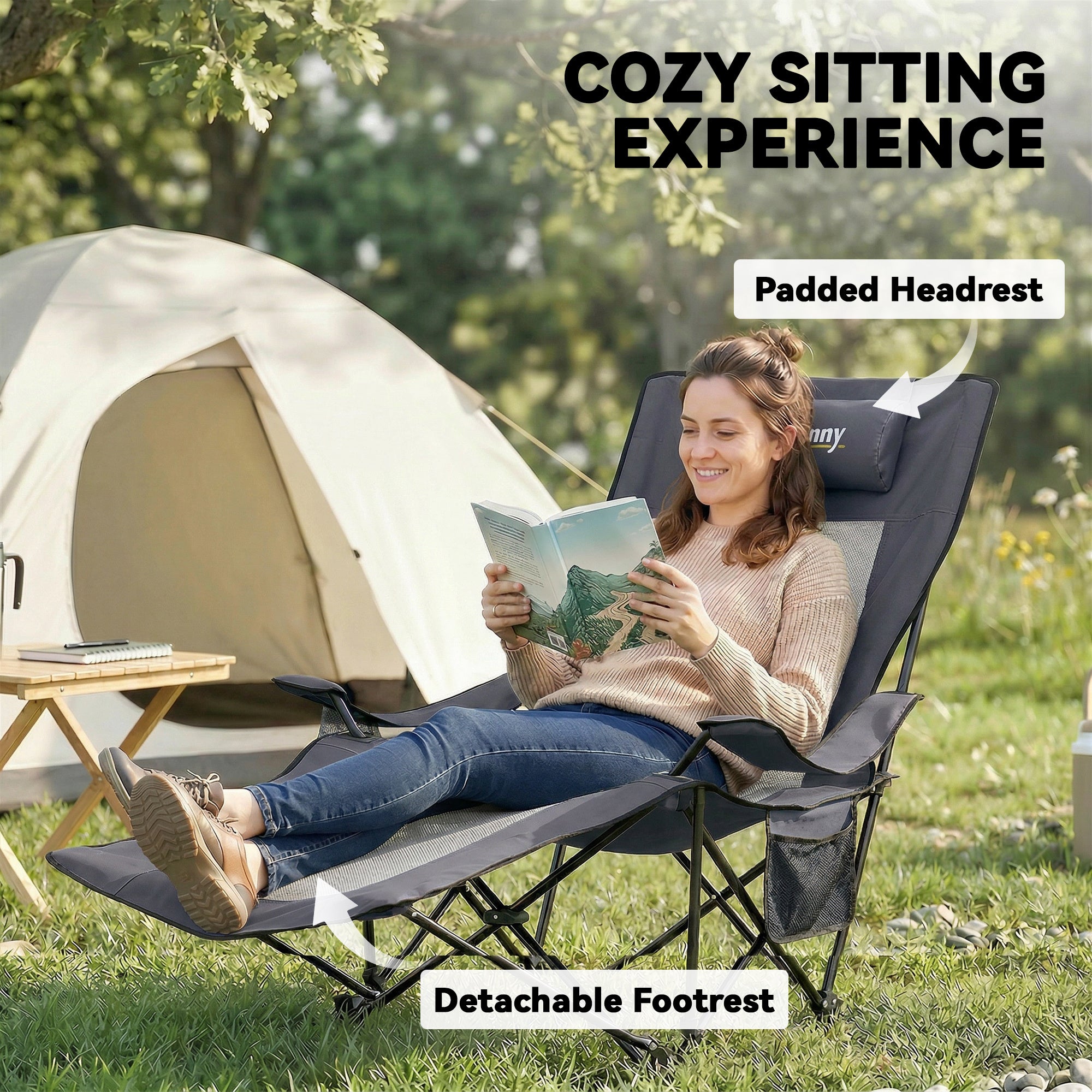 2-Pack Folding Camping Chairs, Adjustable Backrest, Footrest, Cup Holder & Headrest, Garden & Beach Chairs for Adults, Folding Recliners, Up to 265 lb