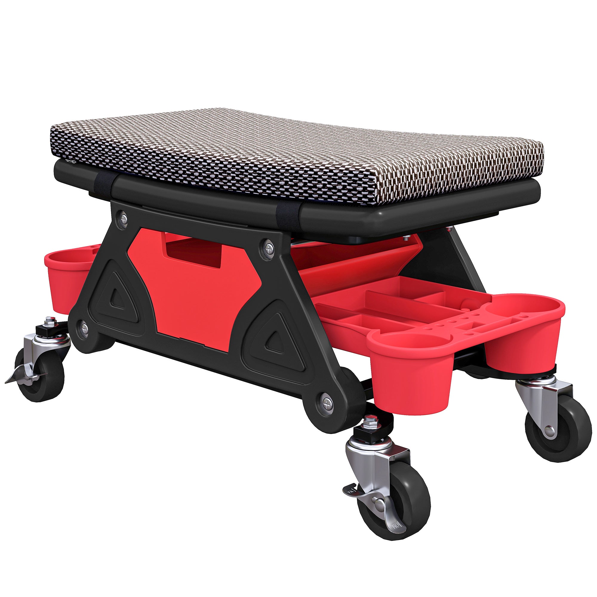 Mobile Workshop Stool max load 135 kg, mechanic stool with 360° rotating wheels with sliding tool trays and drawer, rolling seat for auto garage repair, black