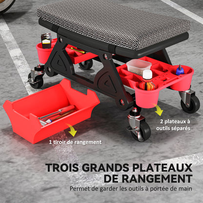 Mobile Workshop Stool max load 135 kg, mechanic stool with 360° rotating wheels with sliding tool trays and drawer, rolling seat for auto garage repair, black