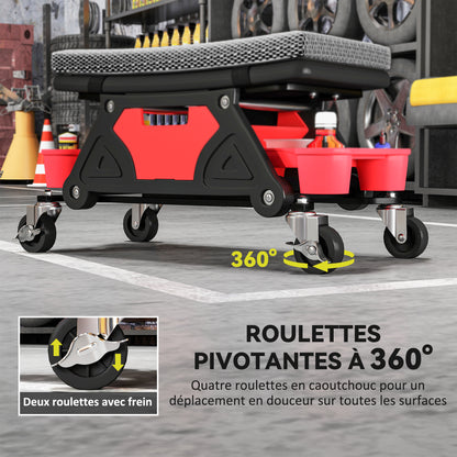 Mobile Workshop Stool max load 135 kg, mechanic stool with 360° rotating wheels with sliding tool trays and drawer, rolling seat for auto garage repair, black