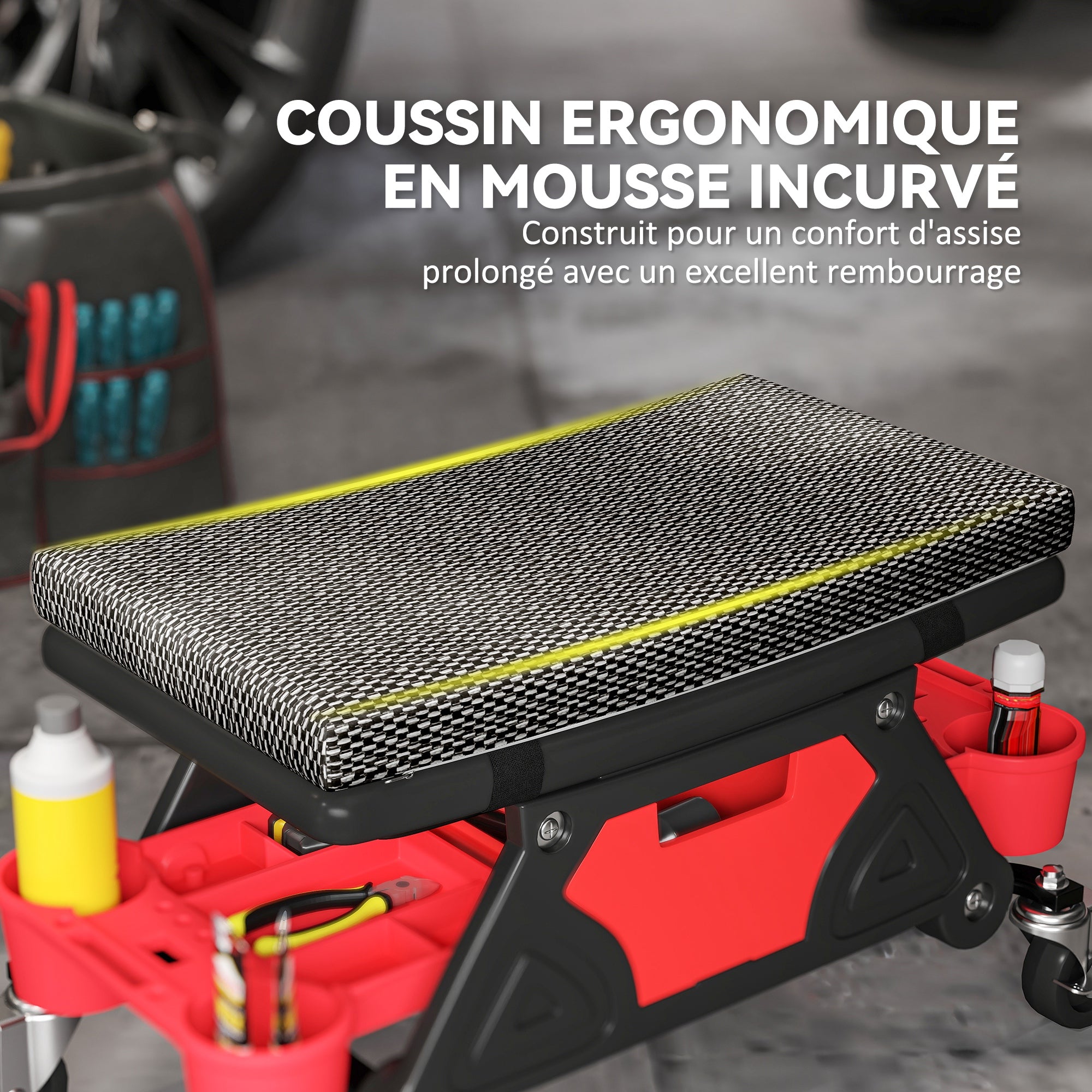 Mobile Workshop Stool max load 135 kg, mechanic stool with 360° rotating wheels with sliding tool trays and drawer, rolling seat for auto garage repair, black
