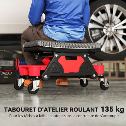 Mobile Workshop Stool max load 135 kg, mechanic stool with 360° rotating wheels with sliding tool trays and drawer, rolling seat for auto garage repair, black