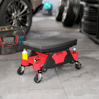 Mobile Workshop Stool max load 135 kg, mechanic stool with 360° rotating wheels with sliding tool trays and drawer, rolling seat for auto garage repair, black