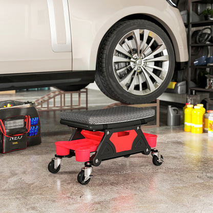 Mobile Workshop Stool max load 135 kg, mechanic stool with 360° rotating wheels with sliding tool trays and drawer, rolling seat for auto garage repair, black