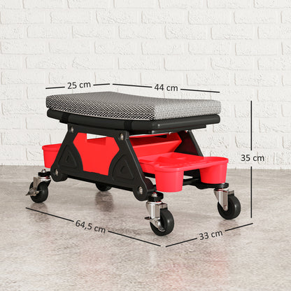 Mobile Workshop Stool max load 135 kg, mechanic stool with 360° rotating wheels with sliding tool trays and drawer, rolling seat for auto garage repair, black