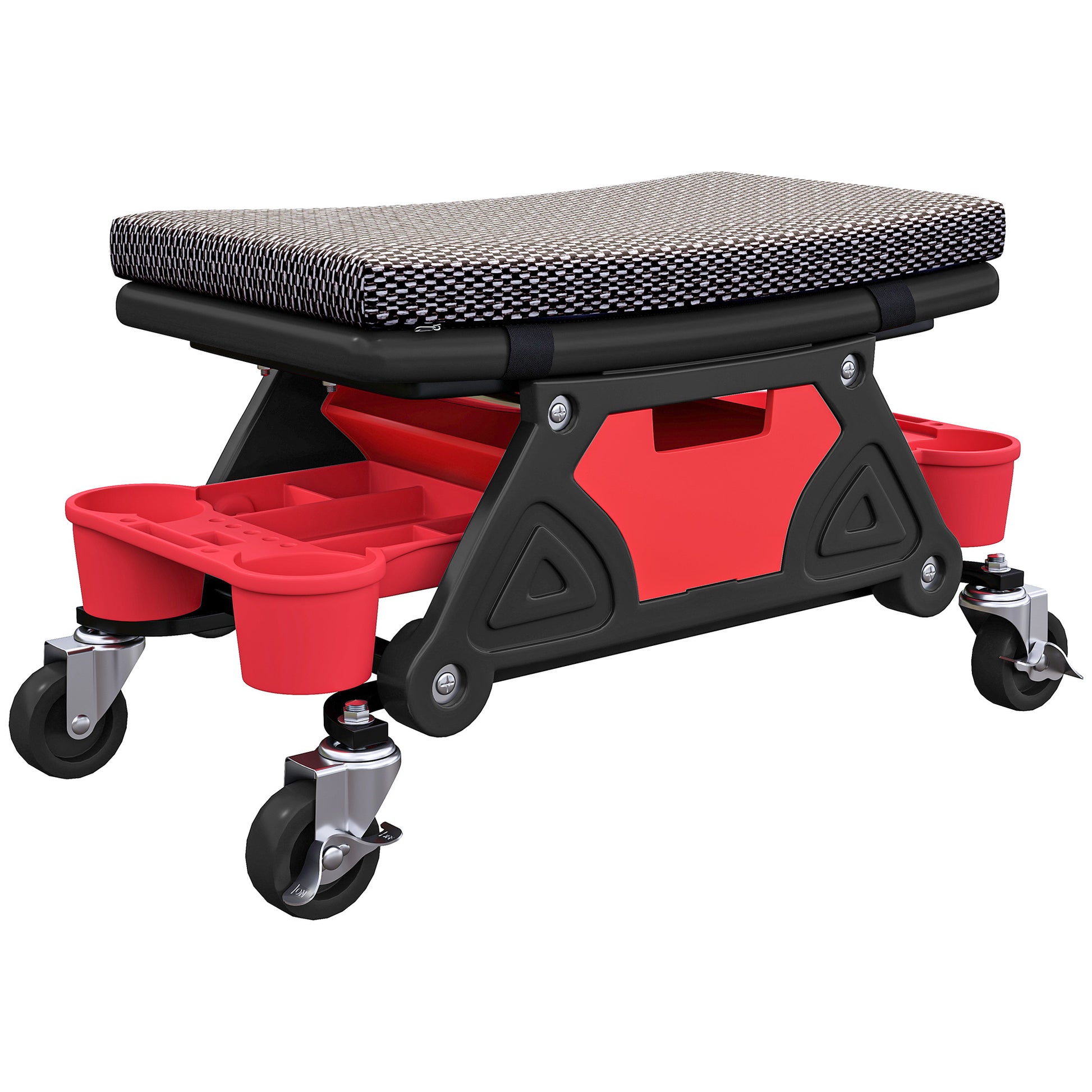 Mobile Workshop Stool max load 135 kg, mechanic stool with 360° rotating wheels with sliding tool trays and drawer, rolling seat for auto garage repair, black