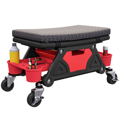 Mobile Workshop Stool max load 135 kg, mechanic stool with 360° rotating wheels with sliding tool trays and drawer, rolling seat for auto garage repair, black