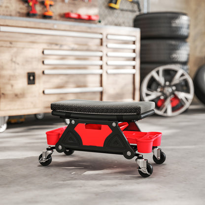 Mobile Workshop Stool max load 135 kg, mechanic stool with 360° rotating wheels with sliding tool trays and drawer, rolling seat for auto garage repair, black