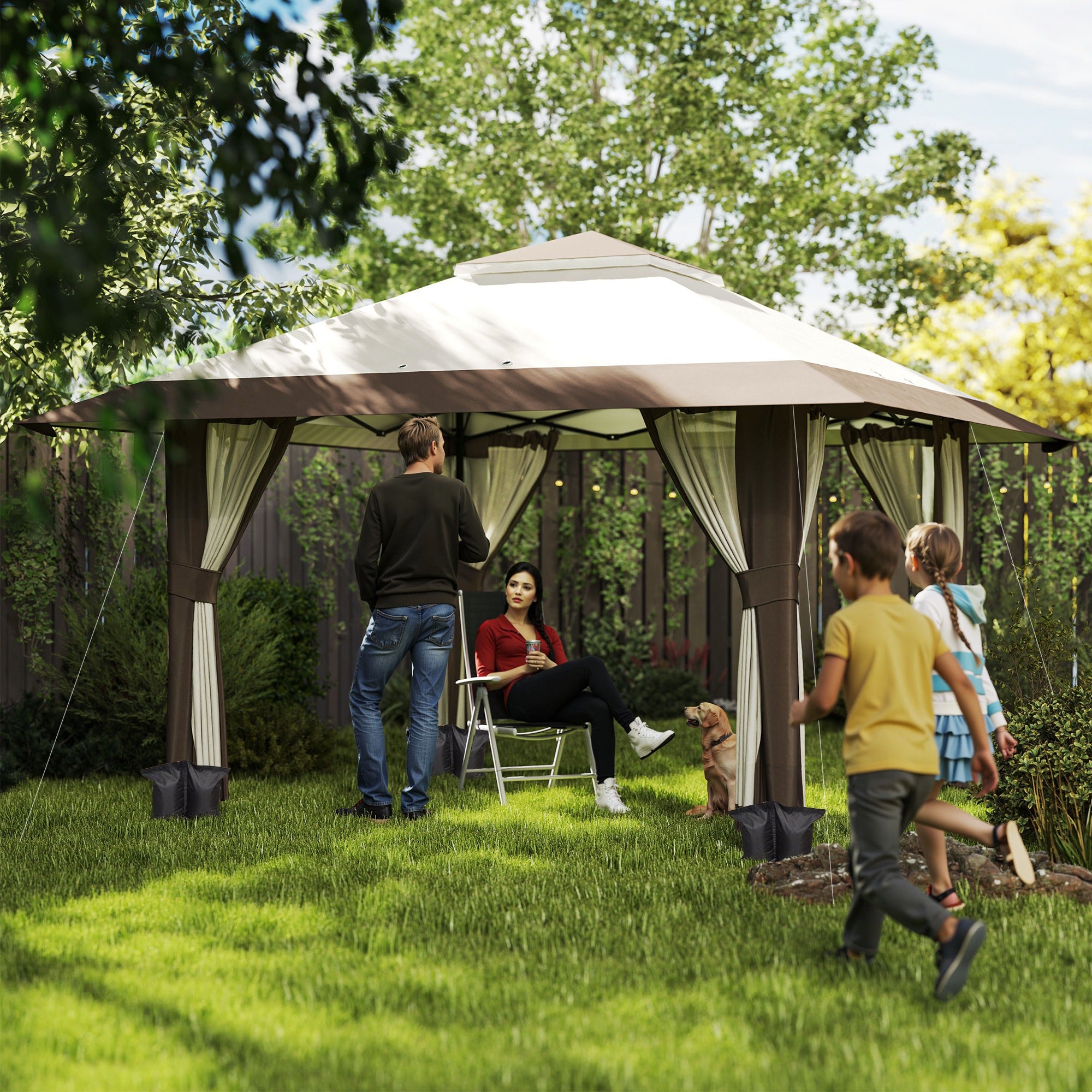 Pavilion 4x4m Waterproof Adjustable Height Pop-up Folding Pavilion with Mesh Walls UV 50+ Foldable Party Tent Garden Tent with Carry Bag Sandbags Garden Pavilion for Camping Garden Festival, Beige