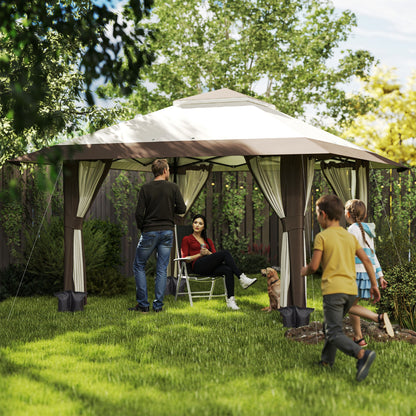 Pavilion 4x4m Waterproof Adjustable Height Pop-up Folding Pavilion with Mesh Walls UV 50+ Foldable Party Tent Garden Tent with Carry Bag Sandbags Garden Pavilion for Camping Garden Festival, Beige