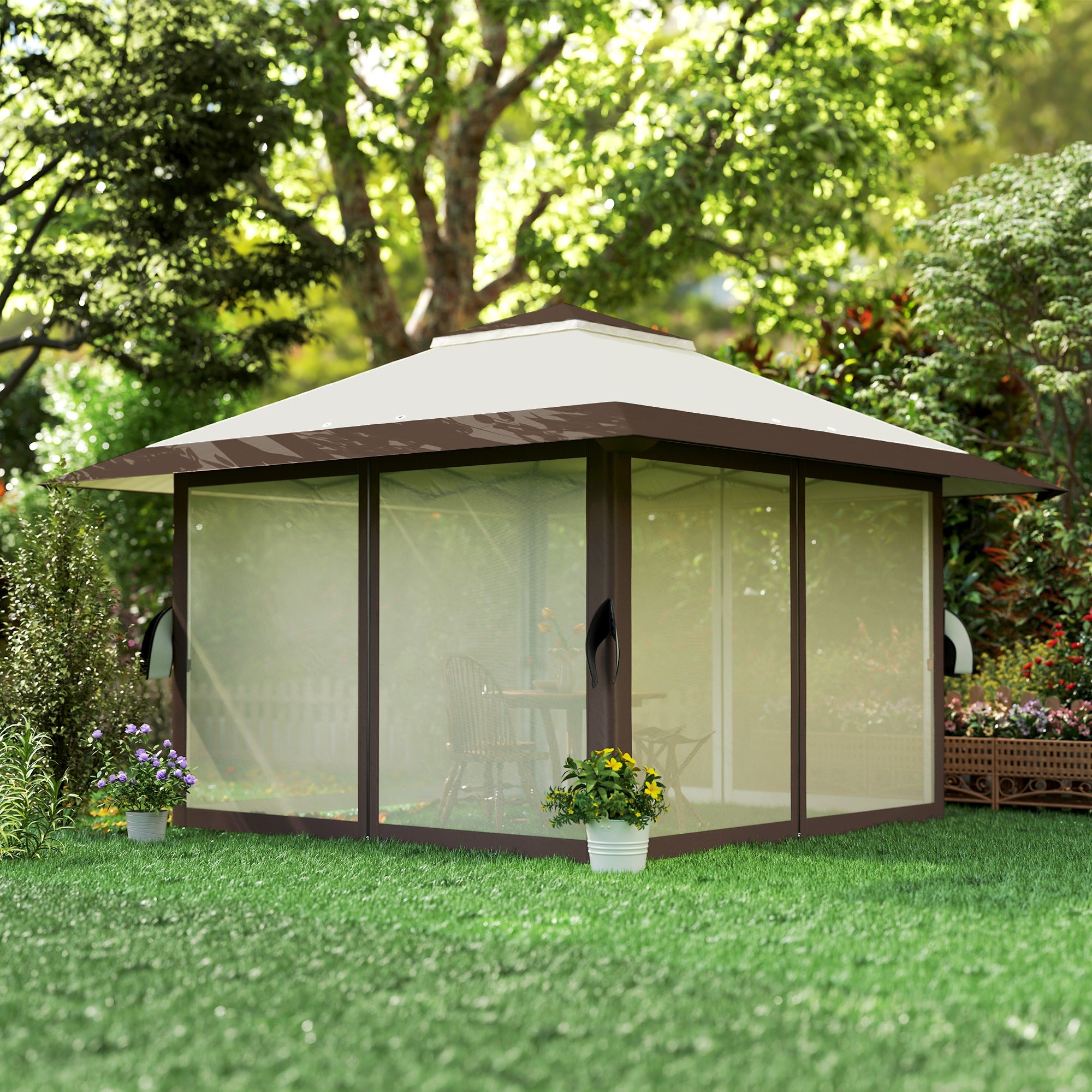 Pavilion 4x4m Waterproof Adjustable Height Pop-up Folding Pavilion with Mesh Walls UV 50+ Foldable Party Tent Garden Tent with Carry Bag Sandbags Garden Pavilion for Camping Garden Festival, Beige