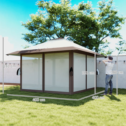 Pavilion 4x4m Waterproof Adjustable Height Pop-up Folding Pavilion with Mesh Walls UV 50+ Foldable Party Tent Garden Tent with Carry Bag Sandbags Garden Pavilion for Camping Garden Festival, Beige