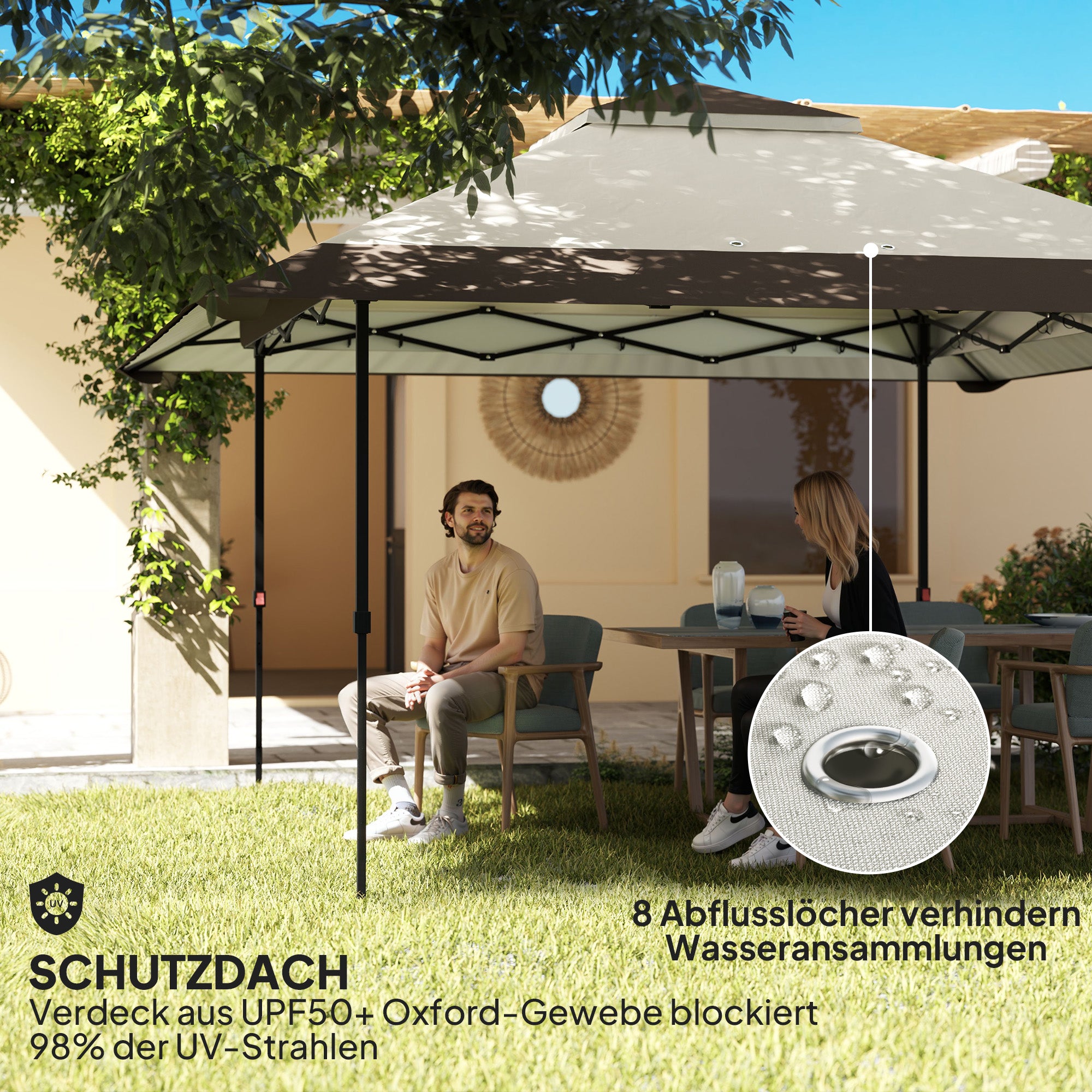 Pavilion 4x4m Waterproof Adjustable Height Pop-up Folding Pavilion with Mesh Walls UV 50+ Foldable Party Tent Garden Tent with Carry Bag Sandbags Garden Pavilion for Camping Garden Festival, Beige