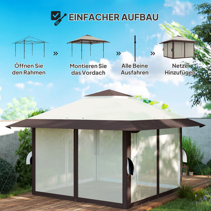 Pavilion 4x4m Waterproof Adjustable Height Pop-up Folding Pavilion with Mesh Walls UV 50+ Foldable Party Tent Garden Tent with Carry Bag Sandbags Garden Pavilion for Camping Garden Festival, Beige
