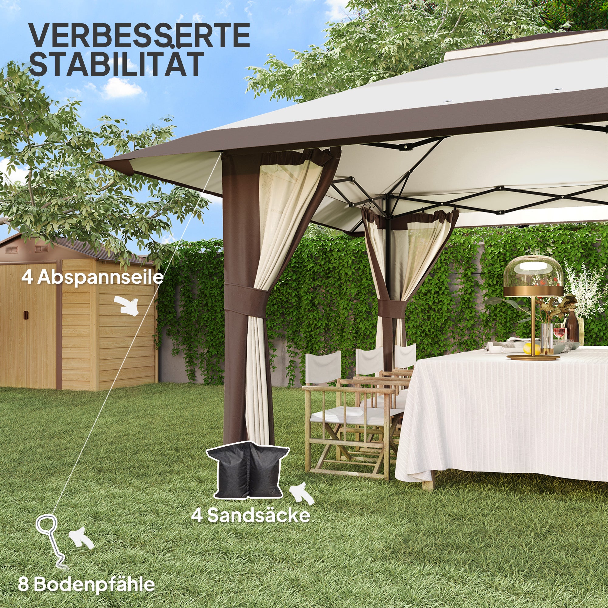 Pavilion 4x4m Waterproof Adjustable Height Pop-up Folding Pavilion with Mesh Walls UV 50+ Foldable Party Tent Garden Tent with Carry Bag Sandbags Garden Pavilion for Camping Garden Festival, Beige