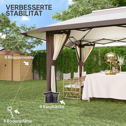 Pavilion 4x4m Waterproof Adjustable Height Pop-up Folding Pavilion with Mesh Walls UV 50+ Foldable Party Tent Garden Tent with Carry Bag Sandbags Garden Pavilion for Camping Garden Festival, Beige