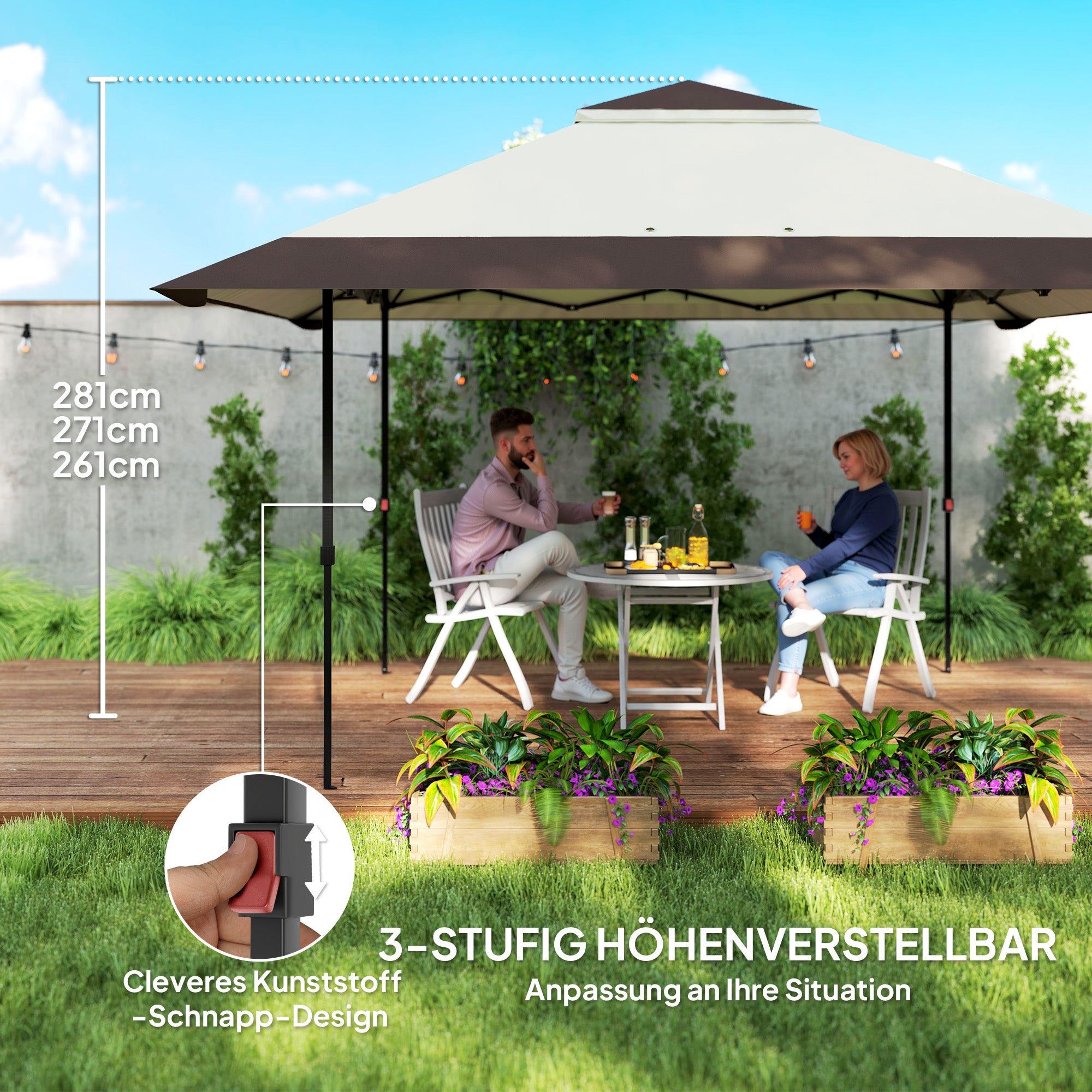 Pavilion 4x4m Waterproof Adjustable Height Pop-up Folding Pavilion with Mesh Walls UV 50+ Foldable Party Tent Garden Tent with Carry Bag Sandbags Garden Pavilion for Camping Garden Festival, Beige