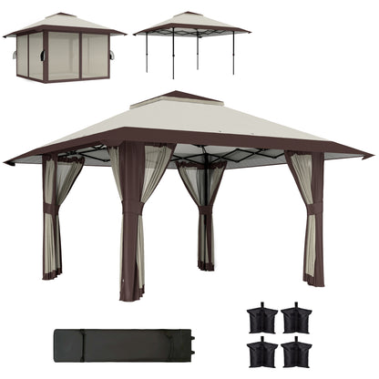 Pavilion 4x4m Waterproof Adjustable Height Pop-up Folding Pavilion with Mesh Walls UV 50+ Foldable Party Tent Garden Tent with Carry Bag Sandbags Garden Pavilion for Camping Garden Festival, Beige