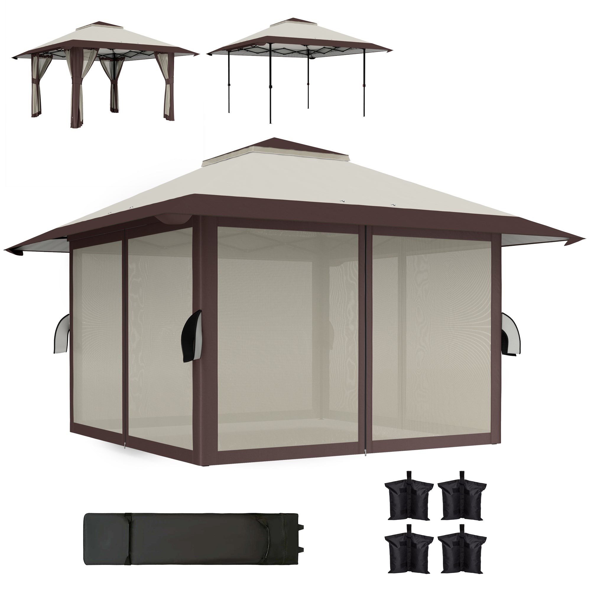 Pavilion 4x4m Waterproof Adjustable Height Pop-up Folding Pavilion with Mesh Walls UV 50+ Foldable Party Tent Garden Tent with Carry Bag Sandbags Garden Pavilion for Camping Garden Festival, Beige