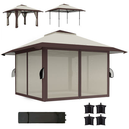 Pavilion 4x4m Waterproof Adjustable Height Pop-up Folding Pavilion with Mesh Walls UV 50+ Foldable Party Tent Garden Tent with Carry Bag Sandbags Garden Pavilion for Camping Garden Festival, Beige