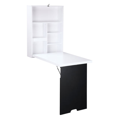 Desk Wall Table Wall Folding Table with Blackboard, 5 Compartments, Foldable Writing Desk Folding Computer Desk for Office White+Black 60 x 94.5 x 147 cm