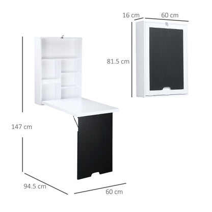Desk Wall Table Wall Folding Table with Blackboard, 5 Compartments, Foldable Writing Desk Folding Computer Desk for Office White+Black 60 x 94.5 x 147 cm