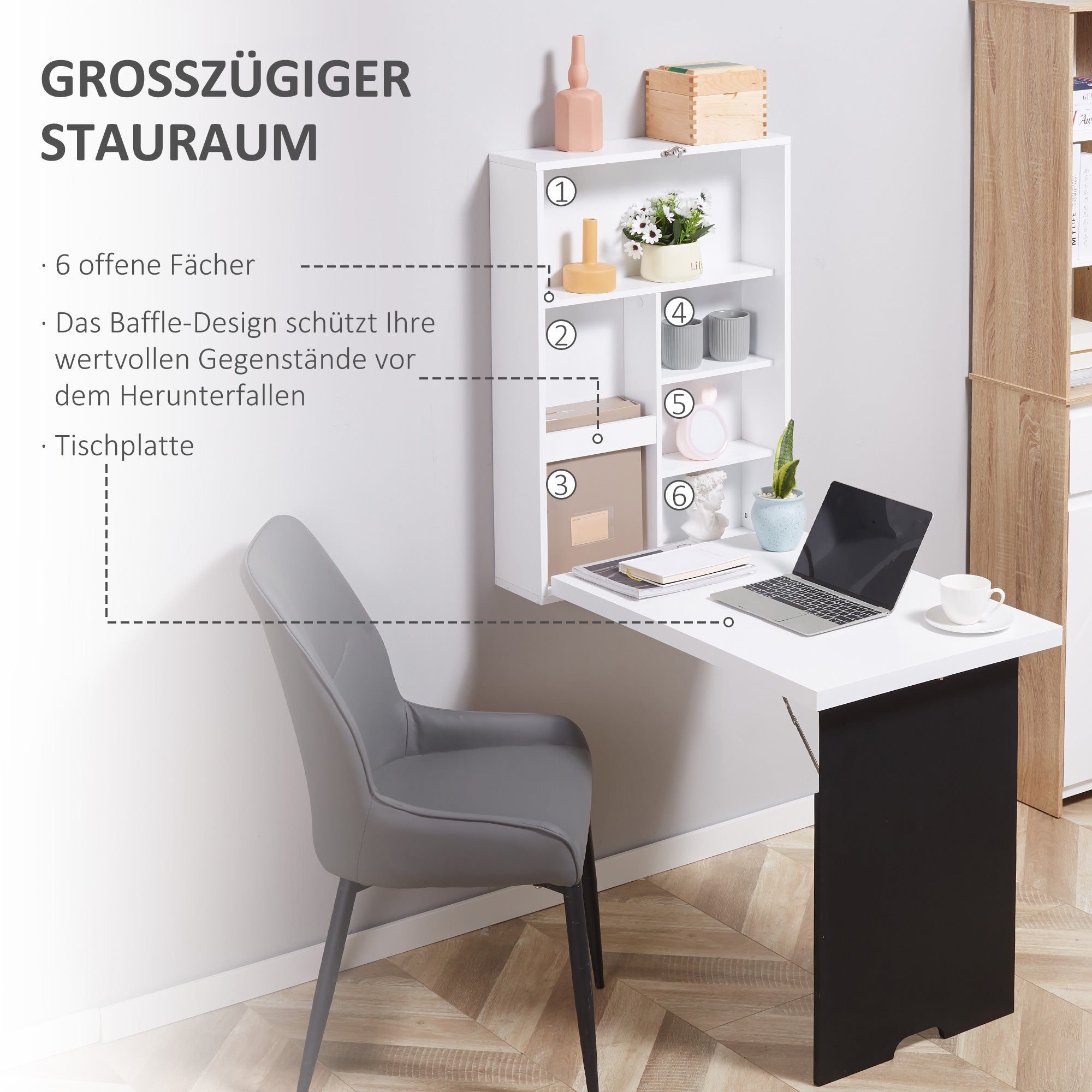 Desk Wall Table Wall Folding Table with Blackboard, 5 Compartments, Foldable Writing Desk Folding Computer Desk for Office White+Black 60 x 94.5 x 147 cm