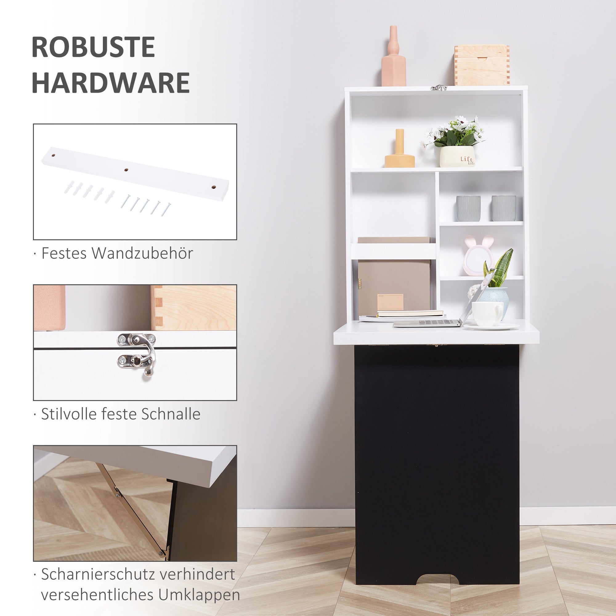 Desk Wall Table Wall Folding Table with Blackboard, 5 Compartments, Foldable Writing Desk Folding Computer Desk for Office White+Black 60 x 94.5 x 147 cm
