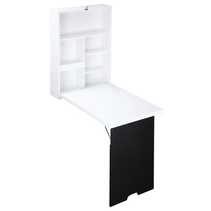 Desk Wall Table Wall Folding Table with Blackboard, 5 Compartments, Foldable Writing Desk Folding Computer Desk for Office White+Black 60 x 94.5 x 147 cm