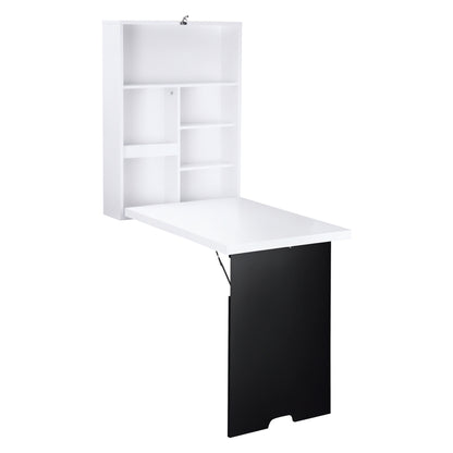 Desk Wall Table Wall Folding Table with Blackboard, 5 Compartments, Foldable Writing Desk Folding Computer Desk for Office White+Black 60 x 94.5 x 147 cm