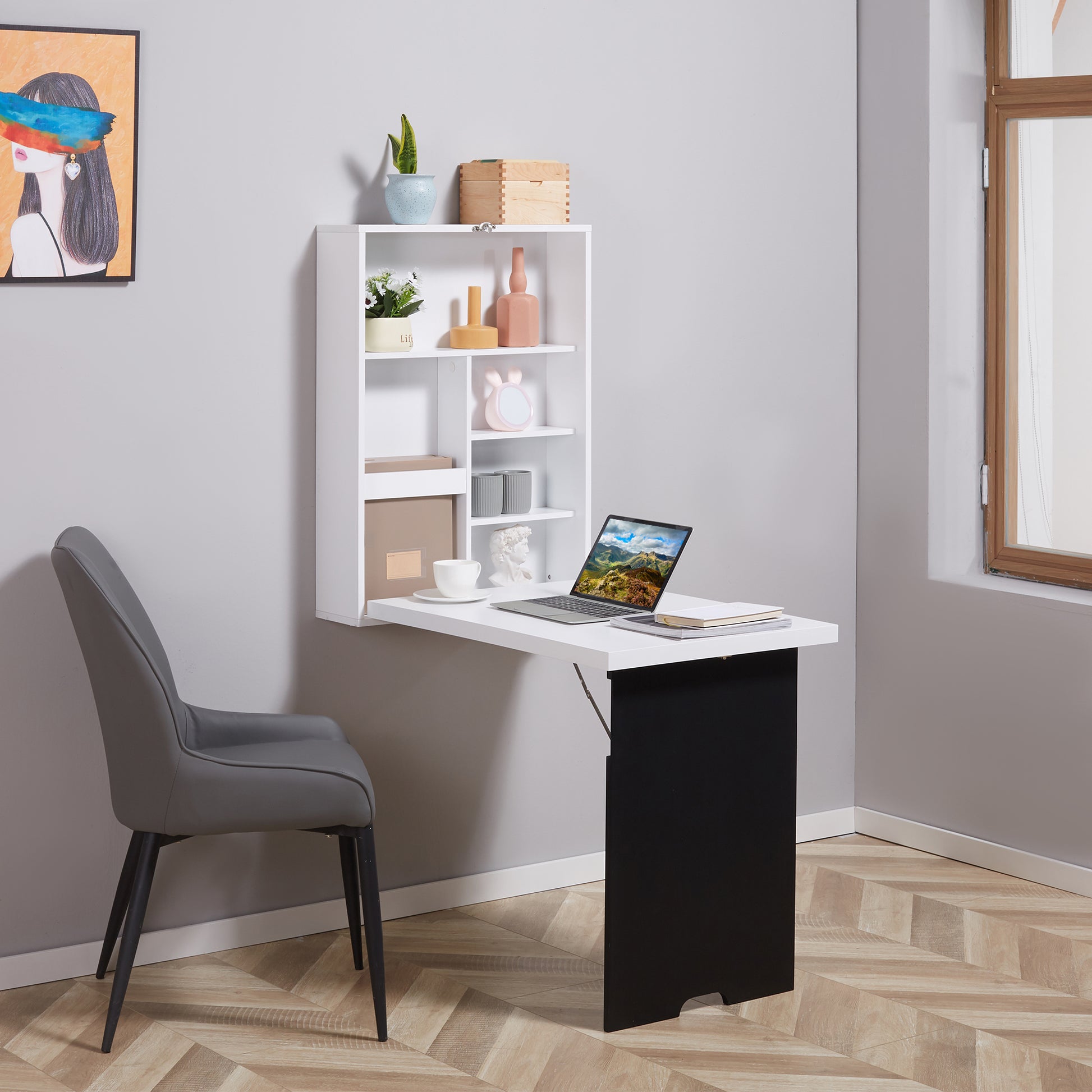 Desk Wall Table Wall Folding Table with Blackboard, 5 Compartments, Foldable Writing Desk Folding Computer Desk for Office White+Black 60 x 94.5 x 147 cm