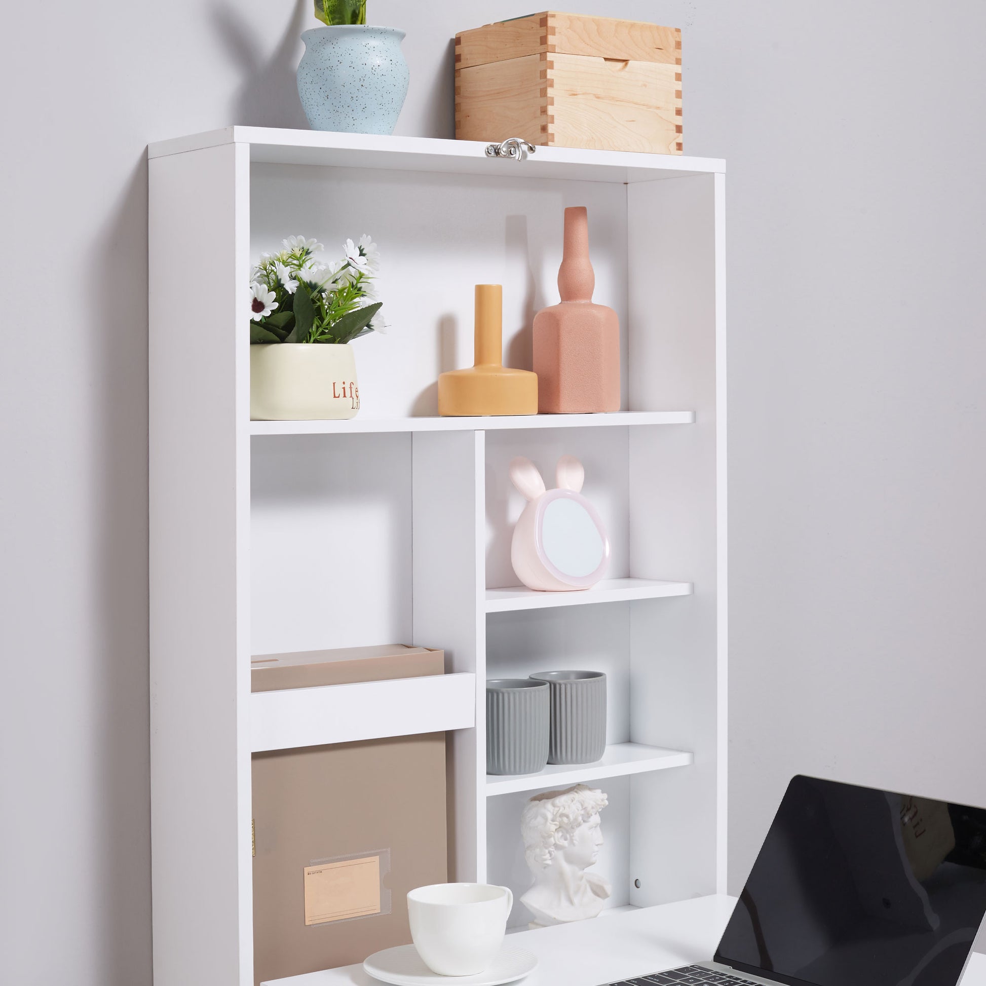 Desk Wall Table Wall Folding Table with Blackboard, 5 Compartments, Foldable Writing Desk Folding Computer Desk for Office White+Black 60 x 94.5 x 147 cm
