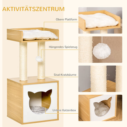 Cat Cave with 2 Soft Cushions Cat Tree with Cat Bed Toy Ball Cat House, Sisal Natural 35 x 35 x 81 cm