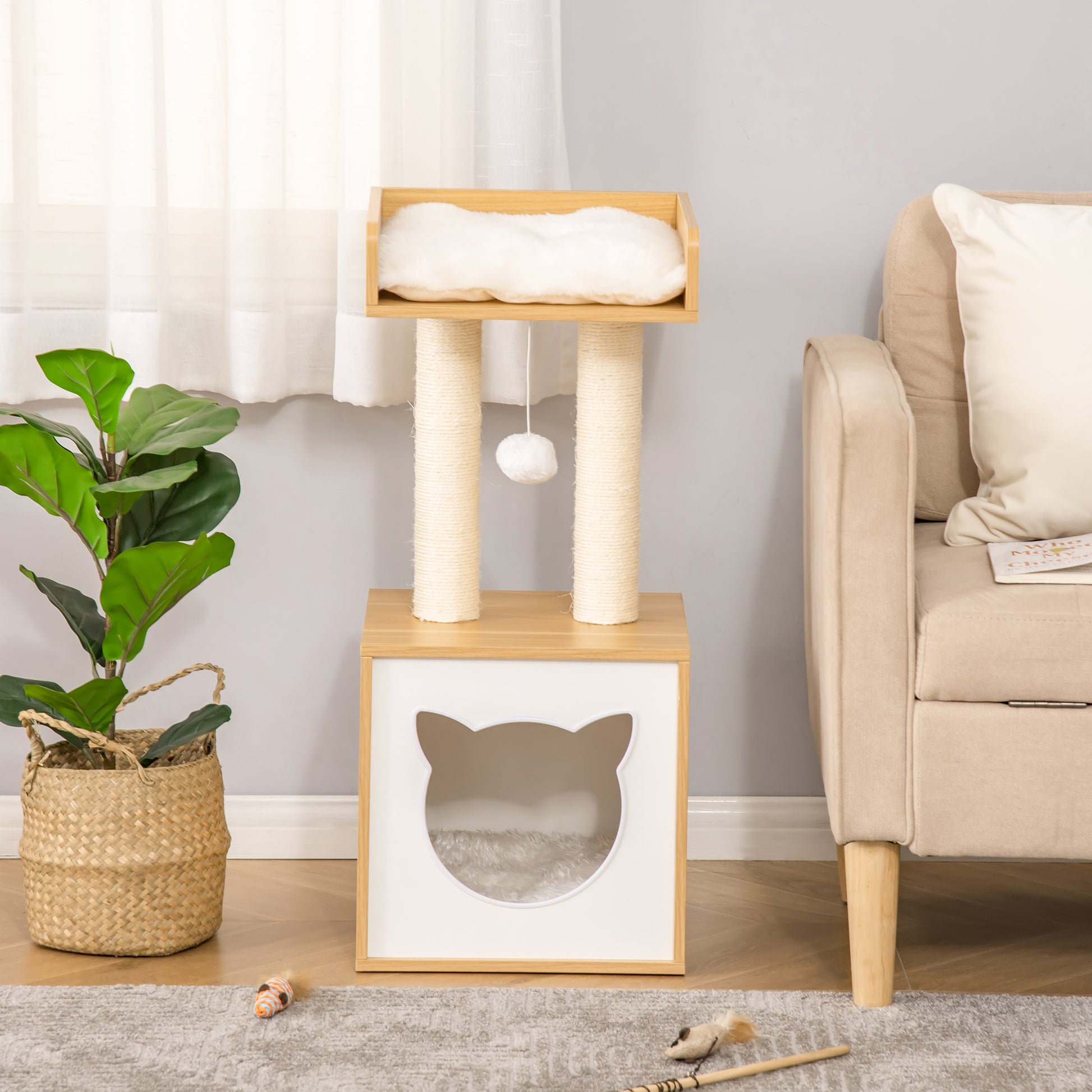 Cat Cave with 2 Soft Cushions Cat Tree with Cat Bed Toy Ball Cat House, Sisal Natural 35 x 35 x 81 cm