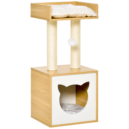 Cat Cave with 2 Soft Cushions Cat Tree with Cat Bed Toy Ball Cat House, Sisal Natural 35 x 35 x 81 cm