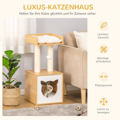 Cat Cave with 2 Soft Cushions Cat Tree with Cat Bed Toy Ball Cat House, Sisal Natural 35 x 35 x 81 cm