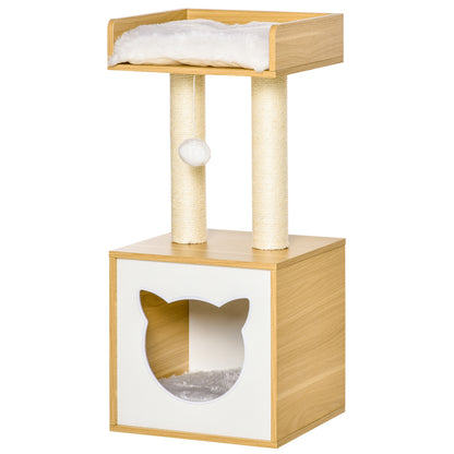 Cat Cave with 2 Soft Cushions Cat Tree with Cat Bed Toy Ball Cat House, Sisal Natural 35 x 35 x 81 cm