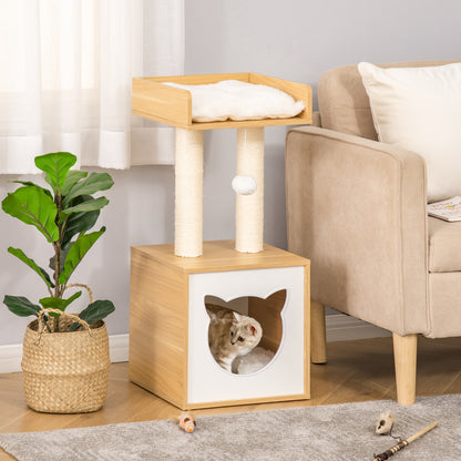 Cat Cave with 2 Soft Cushions Cat Tree with Cat Bed Toy Ball Cat House, Sisal Natural 35 x 35 x 81 cm
