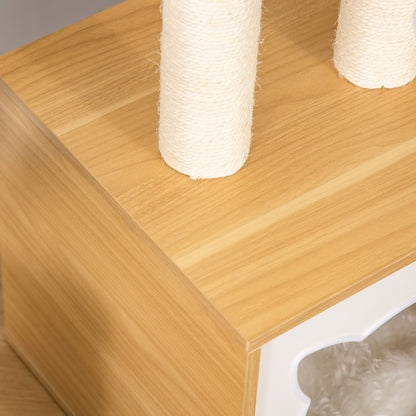 Cat Cave with 2 Soft Cushions Cat Tree with Cat Bed Toy Ball Cat House, Sisal Natural 35 x 35 x 81 cm